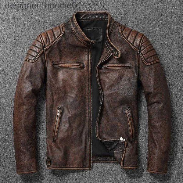 Vestes en fausse fourrure pour hommes Vintage jaune marron véritable peau de vache veste en cuir véritable hommes manteau de moto hommes vêtements de motard printemps automne taille asiatique 6XL L230913