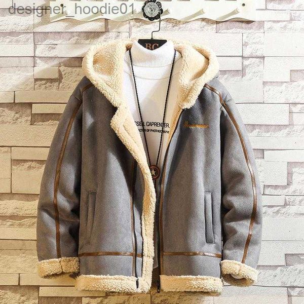 Men's Fur Fausse fourrure hommes vestes hiver Bomber fausse fourrure veste en cuir hommes mouton peau de mouton chaud à capuche de haute qualité velours épaissir manteaux d'extérieur L230913