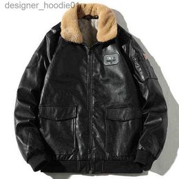 Piel de los hombres Piel sintética Hombres Invierno PU Chaqueta de cuero Cordero Cuello de piel Grueso Cálido Motocicleta Bombardero Chaqueta Cremallera Manga larga Streetwear Moda Abrigo T220728 L230913