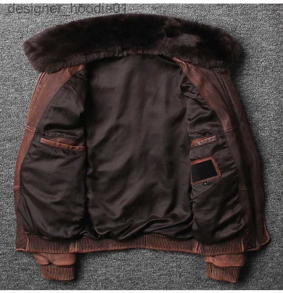 Men's Fur Faux Fur Mens Brown Air Force Flight Chaqueta de cuero Vintage Cuello de lana Tallas grandes Piel de vaca genuina Invierno Piloto ruso Abrigo Masculino L230913