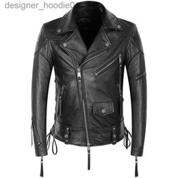 Chaqueta de piel sintética para hombre, abrigo de piel de vaca auténtica para motocicleta, disfraz de Punk Rock, cremalleras con cordones, corto ajustado L230913