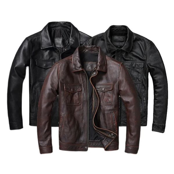 Hommes fourrure fausse fourrure Vintage marron rouge véritable veste en cuir hommes 100% peau de vache naturel s homme automne vêtements manteau vache 231127