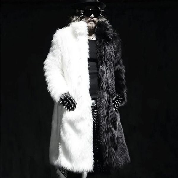 Manteau d'hiver en fausse fourrure pour hommes, manteau long en fourrure de renard, veste chaude décontractée, coupe-vent de couleur noir et blanc, 231213