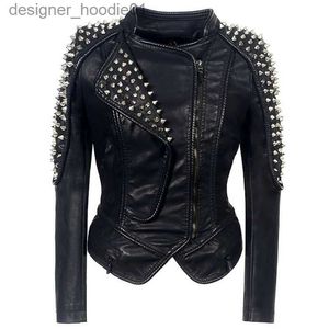 Fourrure pour hommes Fausse fourrure Femmes Veste en cuir Nouveaux Spikes Étoiles Slim Bimétal Argent Rivet Veste métallique PU Punk Biker Manteaux en cuir SX01 Y201012 L230913