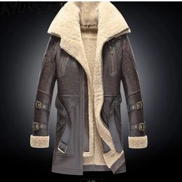 Vestes d'hiver en Faux cuir véritable pour hommes, manteaux en peau de mouton naturelle, Double col épais, Long, 231108