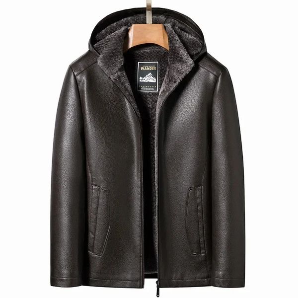 Veste en simili cuir de fourrure pour hommes hommes mode coréenne hiver à capuche manteau réel détachable avec peluche épaisse vêtements pour hommes intégrés 231218