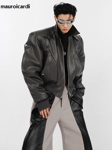 Herenbont Faux Mauroicardi Spring herfst Retro oversized Cool Black Pu Leather Jacket Men Zipper Schoudervullingen Luxe ontwerper Outerwear 2023 230216