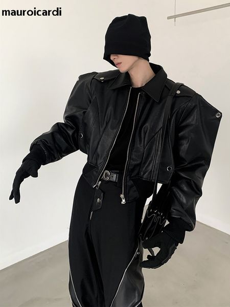 Veste en cuir synthétique polyuréthane noir surdimensionné pour hommes avec épaulettes à manches longues et fermeture éclair 2023 230216