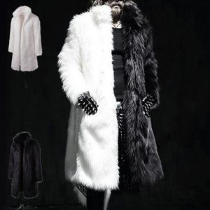 Mannen Bont Faux Heren Mode Winter Punk Rock Jas Capuchon Lange Jas Zwart Wit Patchwork Overjas Mannen Vest