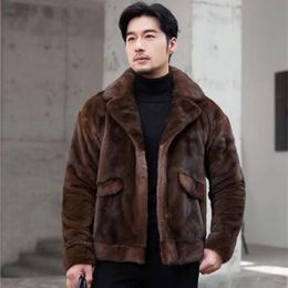 Manteau d'hiver en fausse fourrure pour hommes, manteau de luxe en faux vison, col court, veste importée, marron foncé, manches longues, personnalisable, 2023, 231108