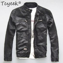 Heren Bont Faux Tcyeek Lederen Jas Mannen Echte Schapen Geit Zwart Bruin Mannelijke Bomber Motorjassen Lente Herfst Heren kleding L1 231128