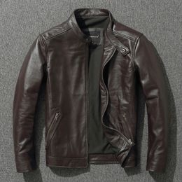 Veste en cuir de vachette couche supérieure en fausse fourrure pour hommes mode SlimFit col montant loisirs Bomber 100 cuir véritable Vintage fermeture éclair courte M 231124