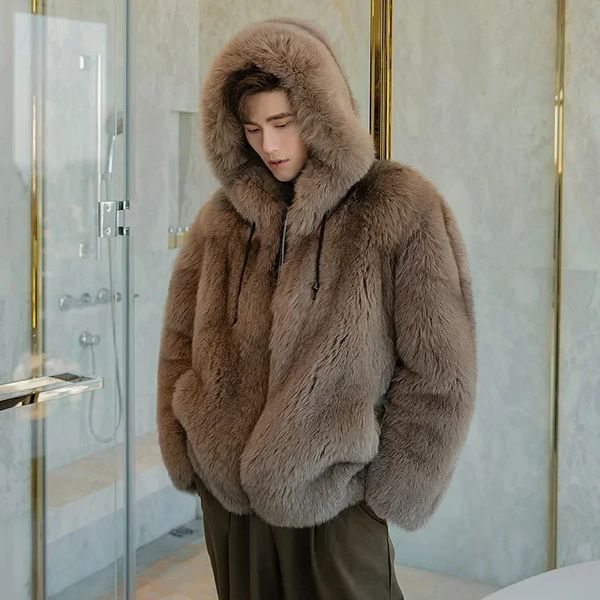 Fourrure pour hommes Faux cuir entier Imitation à capuche vêtements chauds jeunesse hiver veste victorienne hommes mode coréenne trench-coat 231214