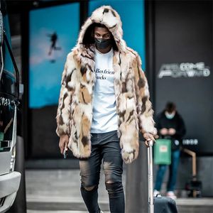 Manteau d'hiver en fausse fourrure pour homme, veste à capuche léopard, gris, jaune, blanc, Patchwork, moelleux, épais et chaud, 2023, 231127