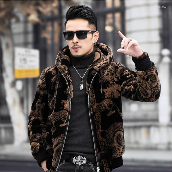 Chaqueta de visón dorada coreana con capucha para hombre, abrigo grueso y cálido con estampado de leopardo de lujo de alta calidad, pelo corto, con capucha