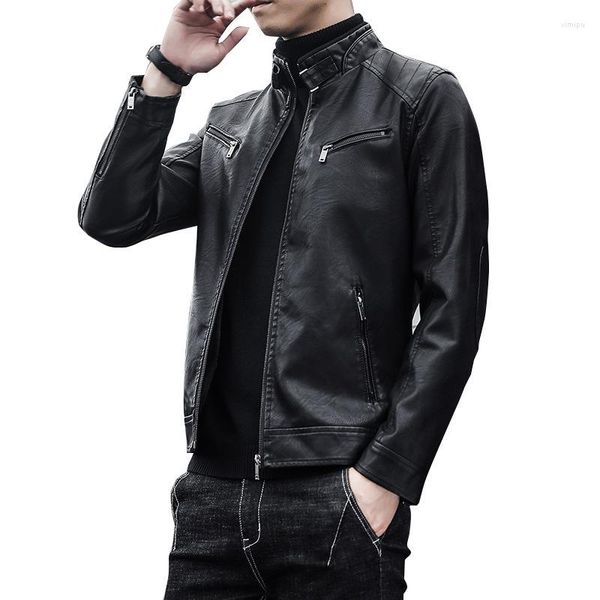 Veste en cuir de moto pour hommes, Style coréen, décontracté, col montant, coupe cintrée, pour jeunes hommes, printemps et automne