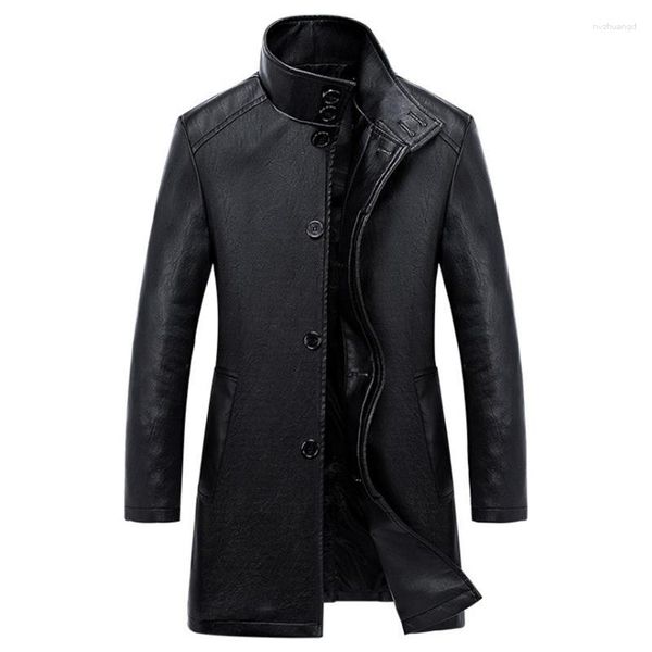Gabardina de piel de lujo para hombre, chaqueta informal de negocios con un solo pecho, chaqueta larga negra de PU de talla grande 4XL