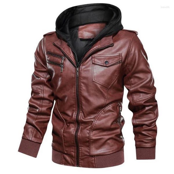 Chaqueta de cuero para hombre de piel para hombre, prendas de vestir ajustadas a la moda cálida de imitación con capucha para invierno y otoño, talla europea S-3XL