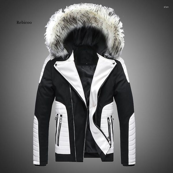 Chaqueta de piel para hombre, Parka sintética con capucha para otoño e invierno, estilo de costura de cuero, prendas de vestir para motociclista y motocicleta