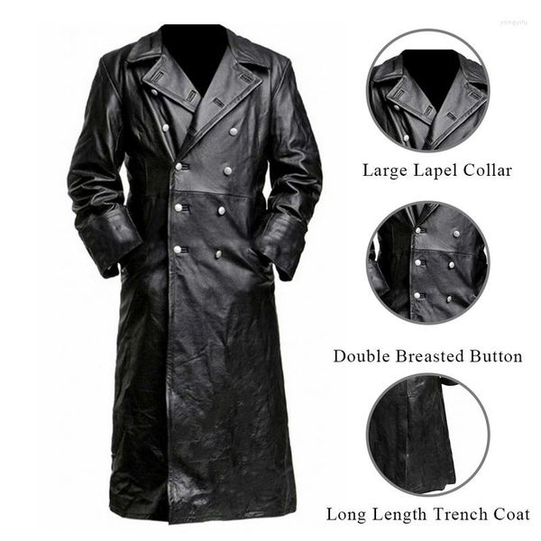 Boutons d'hiver en fourrure pour hommes Trench long Hommes d'affaires Vêtements d'extérieur Mode Premium Manteau d'officier Noir Vintage PU Veste en cuir Homme Top Qualité