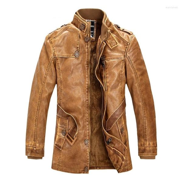 Veste d'hiver en cuir et fourrure pour hommes, coupe-vent de rue décontracté, moto, col montant, manteau en fausse laine chaude