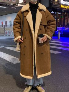 Men's furMauroicardi-Manteau en fausse peau de mouton marron chaud pour homme vetements unisexes à double boutonnage long et cool 231205