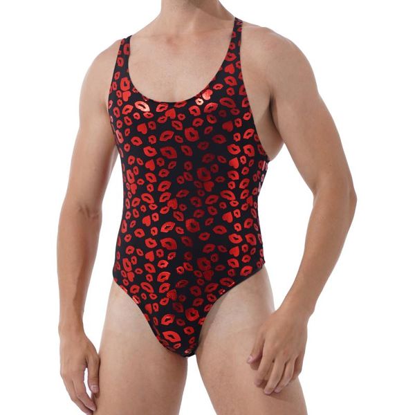 Tanga para hombre, 1 pieza, mono con estampado de calavera y labios, moda de cuello redondo, sin mangas, leotardo de corte alto, lencería Sissy, traje de baño, ropa de dormir para hombre