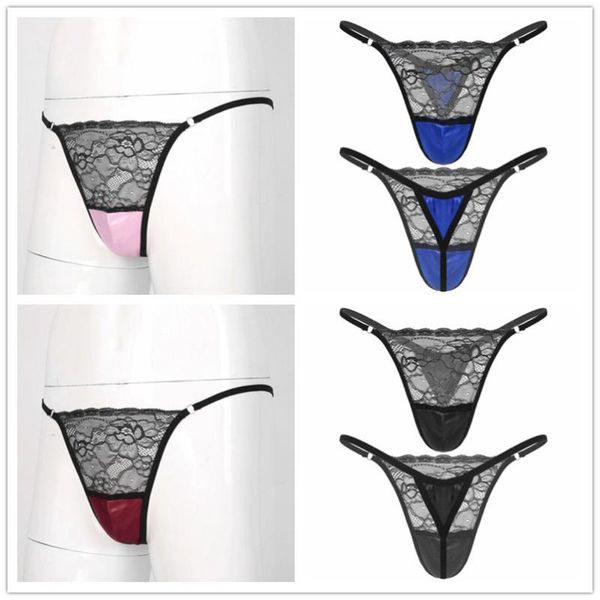 G-Strings pour hommes # M-XXL Hommes Satin Sissy Sous-vêtements String Dentelle Patchwork Culotte G-string Briefs T-back Jockstrap Culotte Exotic LingerieMen