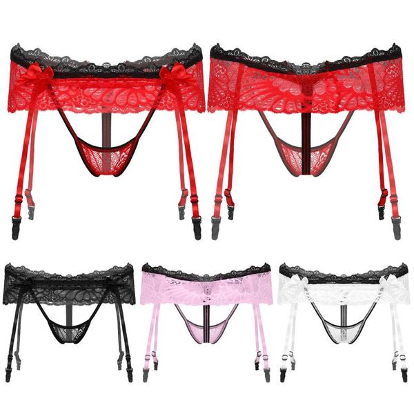 Hombres G-Strings Hombres Hollow Out Lace Faldas Tangas Bowknot Cintura elástica Crotchless Liguero ajustable G-String Sissy Bragas Underw