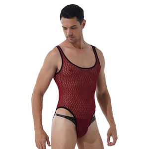 Tanga para hombre, mono de malla transparente para hombre, peluches exóticos, ropa interior Sexy, cuello redondo, sin mangas, camiseta de lucha libre, leotardo atlético Nightwe