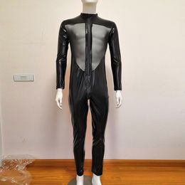 Catsuit Kostuums Mannen Sexy Wetlook Lingerie Latex Catsuit Kunstleer Rits Open Kruis Bodysuit Fetish Kostuum Erotische Body Suit