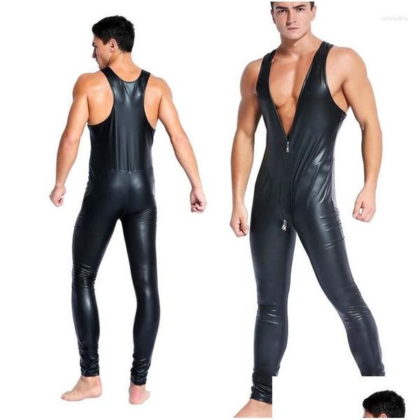 Tangas para hombres Tangas para hombres Y Hombres Pu Body de cuero sintético Masculino Catsuit de látex Cremallera Entrepierna abierta Mono de PVC Ropa erótica para el cuerpo Polo Dhc7L