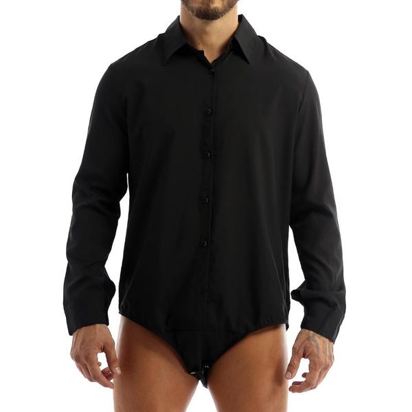 Tanga para hombre, mono informal de oficina para hombre, cuello vuelto de una pieza, manga larga, camisa de Color sólido con botones, Tops para hombre