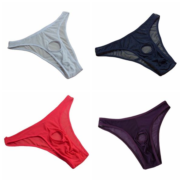 Tanga sexy para hombre, calzoncillos de micromalla, ropa interior suave y transpirable con agujeros para bulto