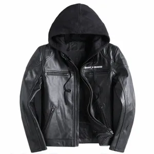 Veste en cuir de vachette véritable pour hommes Vêtements de moto Veste en cuir Manteau noir Automne et hiver Fi Slim Jacket j5lv #