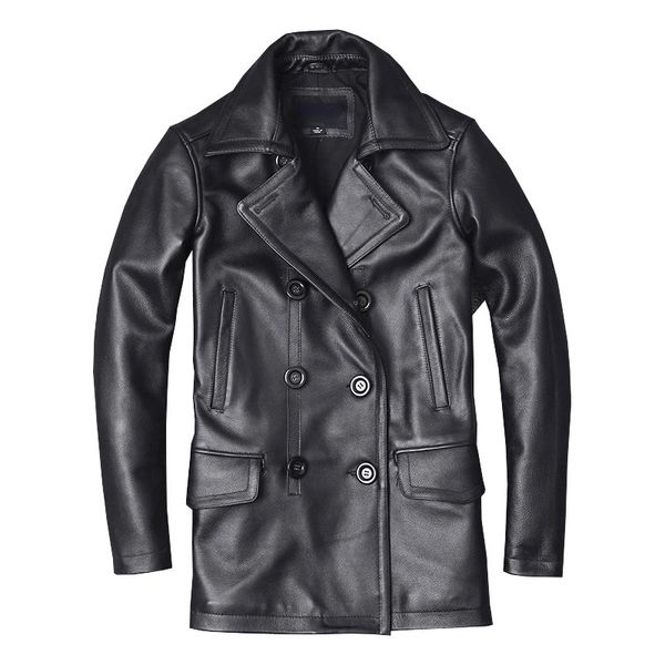 Chaqueta de cuero genuino para hombre, abrigo de piel de vaca para otoño e invierno, abrigo de negocios, estilo gabardina, ropa de doble botonadura, piel de becerro 231227