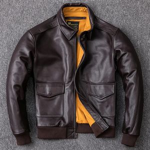 Veste en cuir véritable pour hommes, manteau de pilote militaire de l'armée de l'air A2, vêtements en peau de vache naturelle, 231228