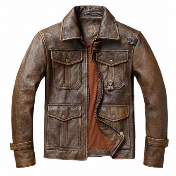 Veste en cuir véritable pour hommes, veste de chasse en peau de vache naturelle, première couche de peau de vache, veste de moto américaine rétro courte o5Hk #