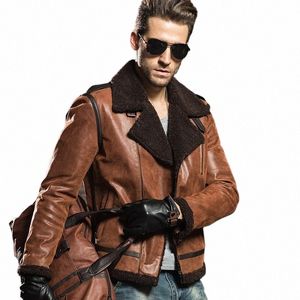 Vestes en cuir véritable de moto en peau de porc en cuir véritable pour hommes avec fausse fourrure Shearling Aviator Bomber Jacket Manteau d'hiver Hommes y6SD #