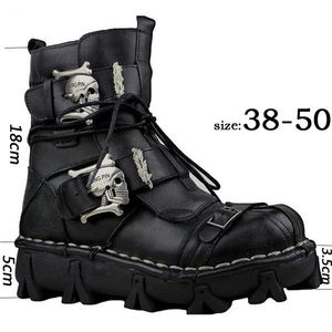 Echte lederen schedel Gotische punk Motorfiets Desert Combat Boot Safety Shoes Militaire laarzen Winter 201026