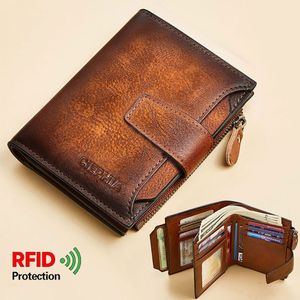 Portefeuille en cuir véritable pour hommes Vintage court multi-fonction porte-cartes de visite RFID blocage fermeture éclair poche à monnaie pince à billets