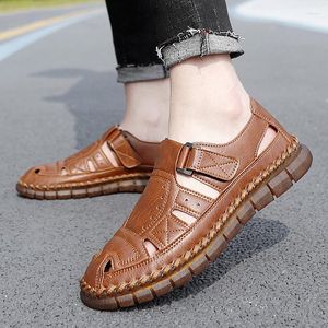 Sandales en cuir véritable souple pour hommes, chaussures d'extérieur, grande taille, confort d'été, plage, romaines 79 617