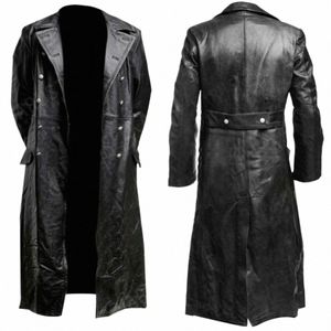 Uniforme militaire allemand classique de la Seconde Guerre mondiale pour hommes, trench-coat en cuir véritable noir F7lZ #