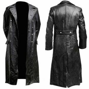 Menan classique allemand WW2 Military Uniform Office noir Real Leather Trench Coat F0QJ # #
