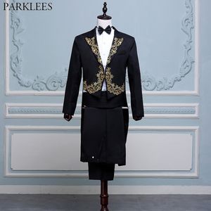 Heren Gouden Borduurwerk Zwart Tuxedo Suit Merk Dirigent Magician Pianist Prom 4 stks (jas + broek + blet + tie) Pakken Kostuum Homme 210522