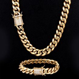 Conjunto de cadena de pulsera de eslabones cubanos de Miami chapada en oro para hombre con cierre de circonita cúbica de 12 mm