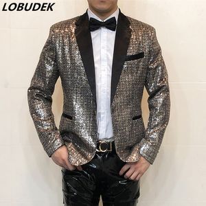 Men's Gold Sequin Thin Slim Suit Jacket Singer Stage Glitter Casual Blazer Banquet Host Tuxedo Concert Performance Bling Coat Plus Size
