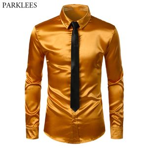Heren Gouden Zijde Satijn 2 Stks Jurk Shirts (shirt + Tie) Merk Slim Fit Button Down Bruiloft Party Prom Shirt Male Chemise Homme 3XL 210522