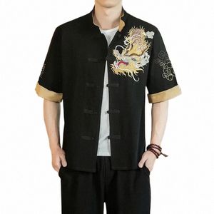 Chemise à manches courtes brodée Golden Drag pour hommes, chemises à manches moyennes en coton et lin de Style chinois pour hommes I5D7 #