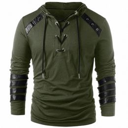 Camisas con capucha góticas de Steampunk de los hombres Sudadera con cordones LG Manga Jersey con capucha Blusa casual Tops U8hy #